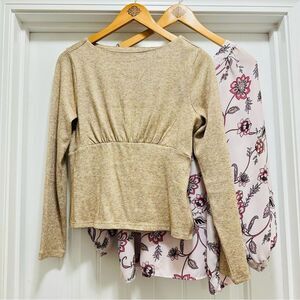 Banana Republic Knit Lurex Open Back Top & LOFT Floral Mix Media Long Sleeve Top